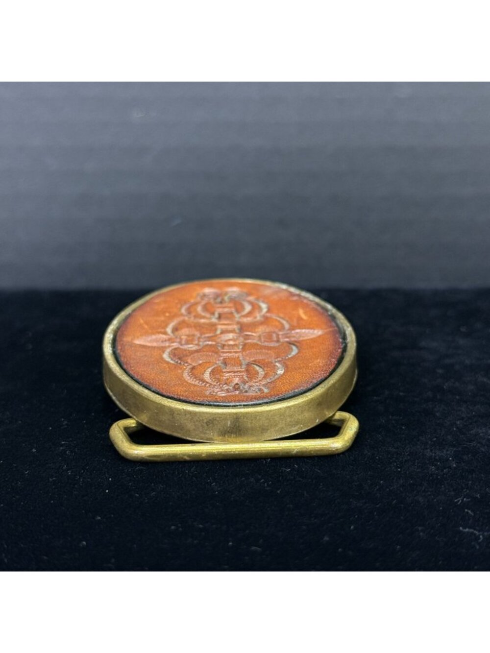 Vintage BTS Solid Brass & Leather Belt Buckle Oval Design Made In USA - Picture 5 of 10